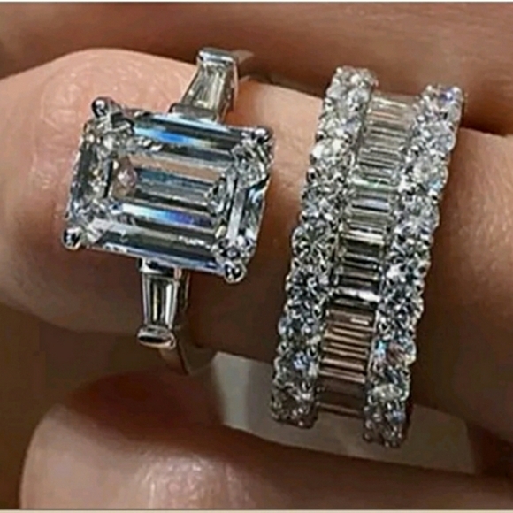 FINAL SALE 925. Sterling Silver 2pc Emerald Cut White Sapphire Ring Set - Picture 1 of 3
